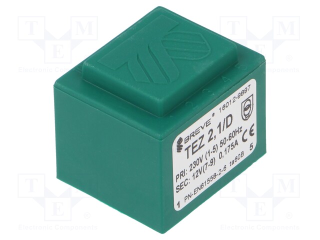 Transformer: encapsulated; 2.1VA; 230VAC; 12V; 175mA; Mounting: PCB