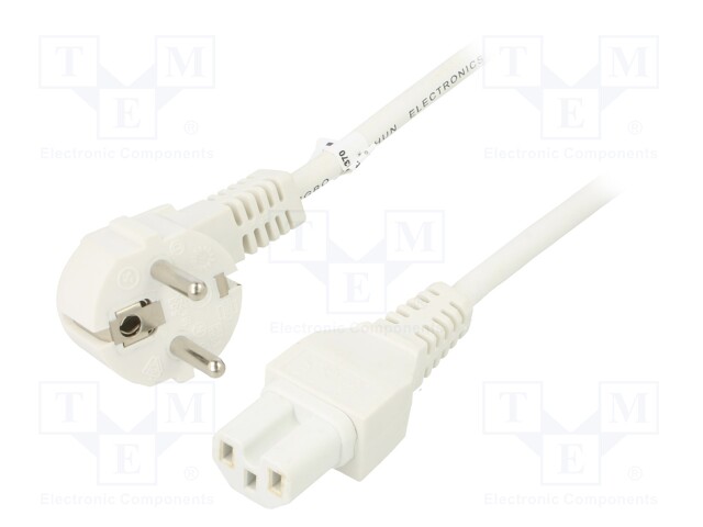 Cable; CEE 7/7 (E/F) plug angled,IEC C15 female; PVC; 2m; white