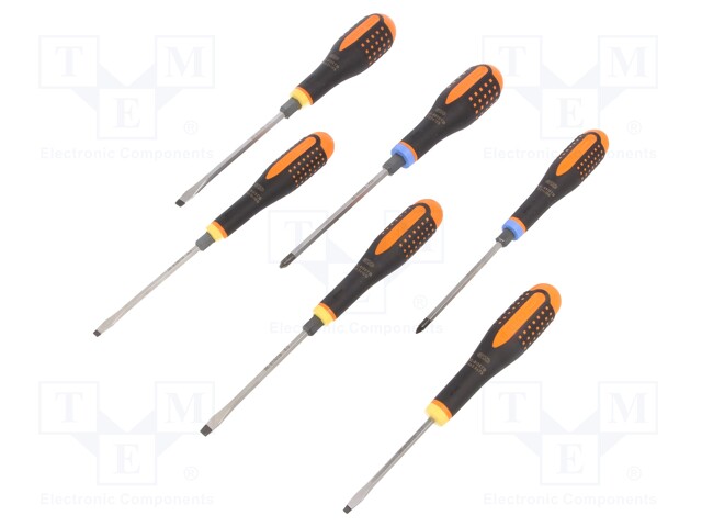 Screwdrivers; Pcs: 6; assisted with a key; Bit: Pozidriv®,slot