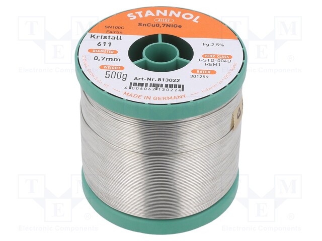 Soldering wire; Sn99,3Cu0,7+NiGe; 0.7mm; 500g; lead free; 2.5%