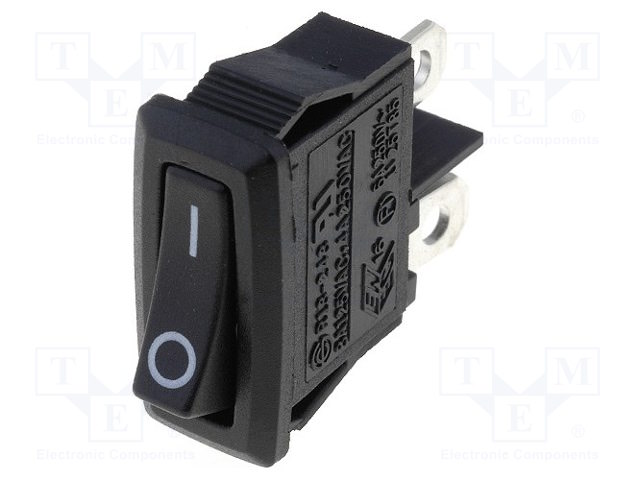 ROCKER; SPST; Pos: 2; OFF-ON; 4A/250VAC; black; none; 50mΩ; UL94V-2