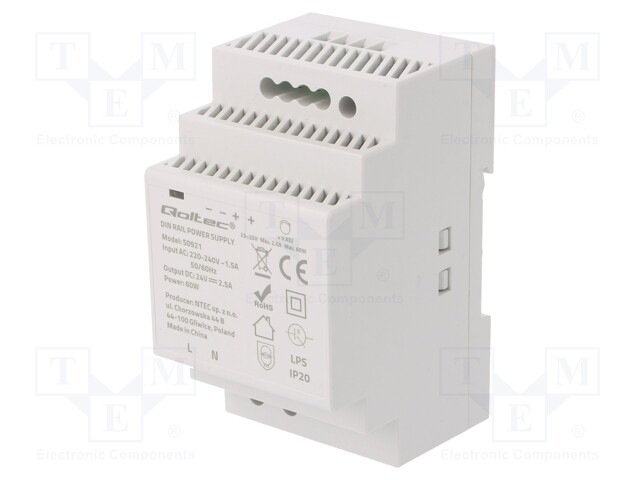 Power supply: switched-mode; 60W; 24VDC; 2.5A; 220÷240VAC; 182g