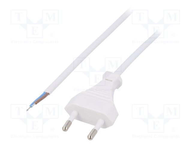 Cable; 2x0.5mm2; CEE 7/16 (C) plug,wires; PVC; 1.6m; white; 2.5A