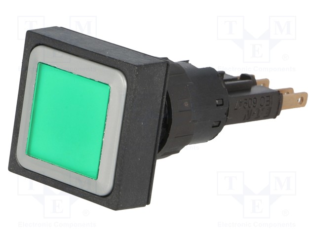 Switch: push-button; Stabl.pos: 1; 16mm; green; filament lamp