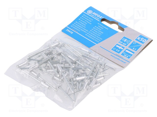 Rivet; aluminium; Rivet diam: 4mm; L.rivet: 10mm; 50pcs.