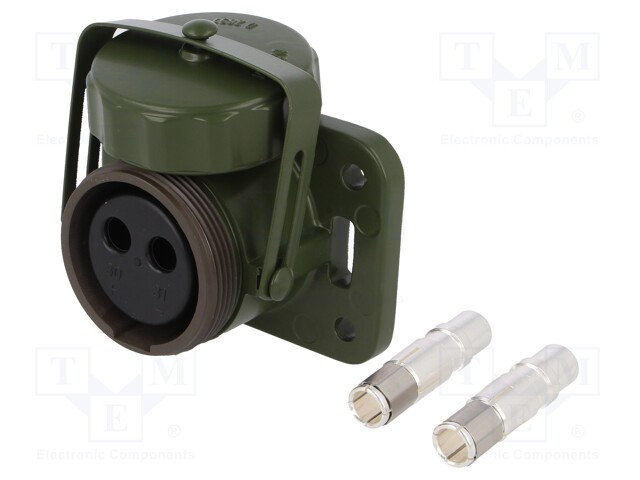 Socket; circular; female; PIN: 2; with hinged cover; Colour: olive