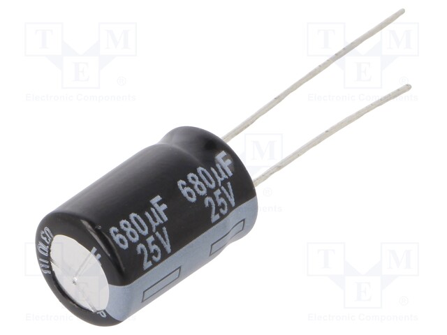 Capacitor: electrolytic; THT; 680uF; 25VDC; Ø10x16mm; Pitch: 5mm