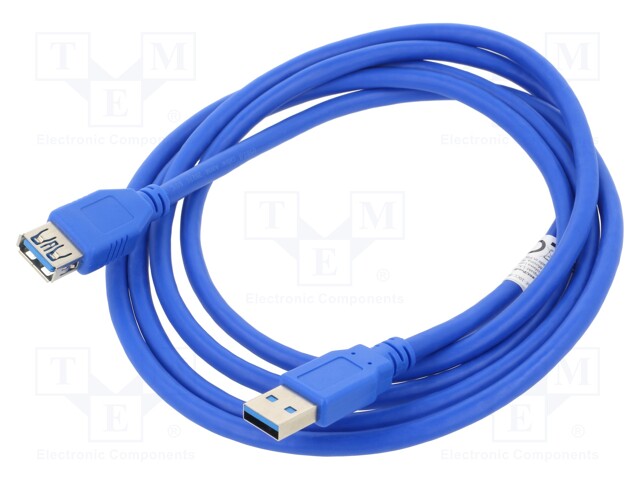 Cable; USB 3.0; USB A socket,USB A plug; gold-plated; 1.8m; blue