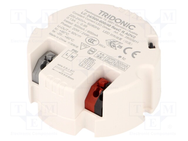 Power supply: switched-mode; LED; 24W; 50VDC; 500÷600mA; IP20; 69g