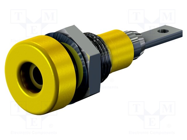 Socket; 2mm banana; 10A; 23mm; yellow; Mounting: soldered,on panel