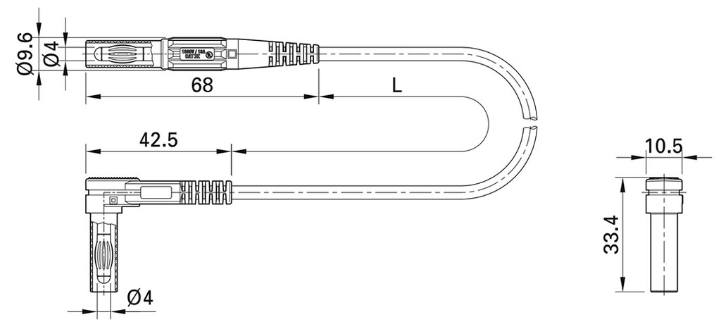 Test lead; 19A; banana plug 4mm,angular banana plug 4mm; Len: 2m