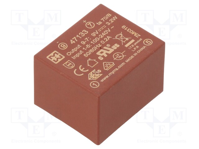 Converter: AC/DC; 3.2W; Uout: 9VDC; Iout: 360mA; 73%; Mounting: PCB