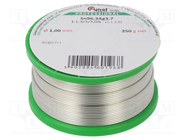 Soldering wire; Sn96,3Ag3,7; 1mm; 0.25kg; lead free; Package: reel