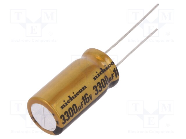 Capacitor: electrolytic; THT; 3300uF; 16VDC; Ø12.5x25mm; Pitch: 5mm