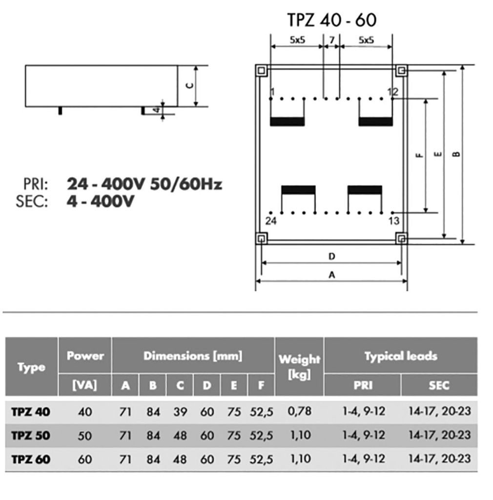Transformer: mains; 60VA; 115/230VAC; 12V; 12V; Mounting: PCB; IP00