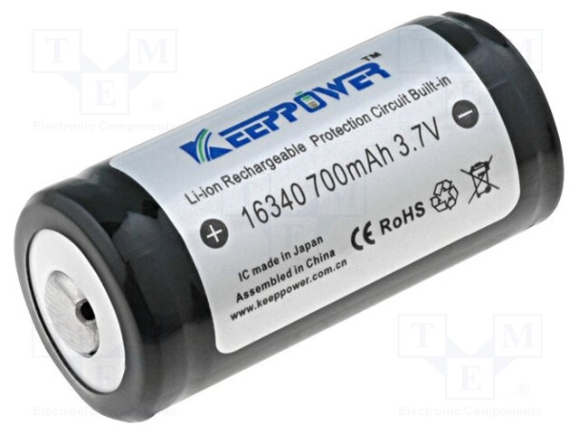 Re-battery: Li-Ion; 16340; 3.7V; 650mAh; Ø16x36mm; 3A