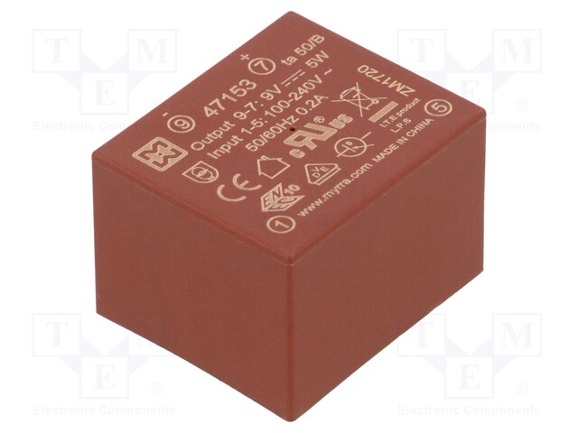 Converter: AC/DC; 5W; Uout: 9VDC; Iout: 550mA; 72%; Mounting: PCB