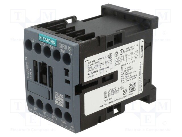 Relay Contactor, 3RT2 Series, 3PST-NO, 3P, 6.7 A, 5.5 kW, 690 VAC