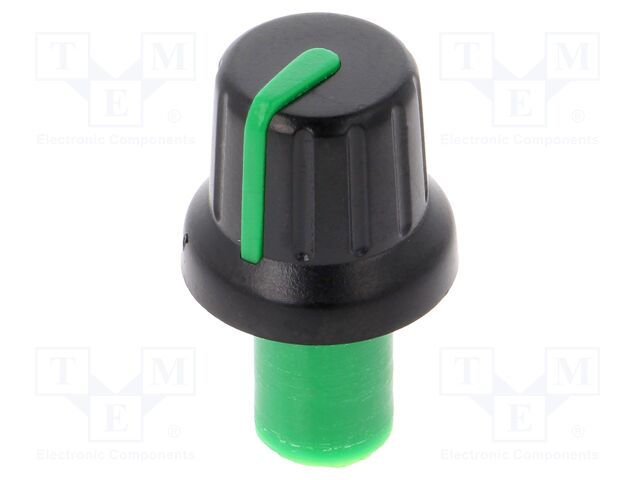 Knob; with pointer; ABS; Øshaft: 6mm; Ø16x14.4mm; black; push-in