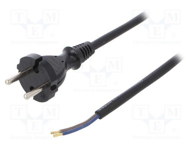 Cable; CEE 7/17 (C) plug,wires; 2m; black; rubber; 2x1mm2; 16A