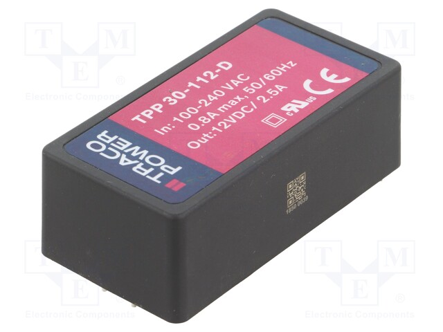 Converter: AC/DC; 30W; Uout: 12VDC; Iout: 2500mA; 90.5%; 85÷264VAC