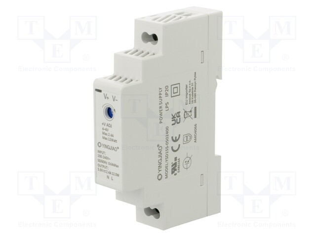 Power supply: switched-mode; for DIN rail; 12W; 5VDC; 2.4A; OUT: 1