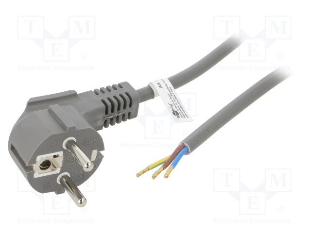 Cable; CEE 7/7 (E/F) plug angled,wires; PVC; 1.5m; grey; 10A; 250V