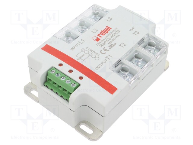 Relay: solid state; Ucntrl: 90÷280VAC; 25A; 24÷530VAC; 3-phase