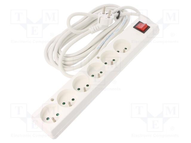 Extension lead; Schuko; Sockets: 6; white; 3x1,5mm2; 5m; 16A