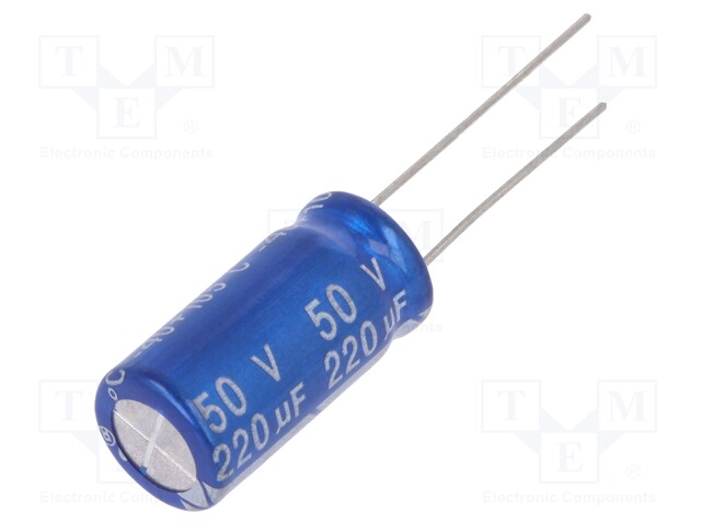 Capacitor: electrolytic; THT; 220uF; 50VDC; Ø10x20mm; Pitch: 5mm