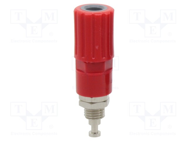 Socket; 4mm banana; 36A; red; nickel plated; on panel,screw; 8mm