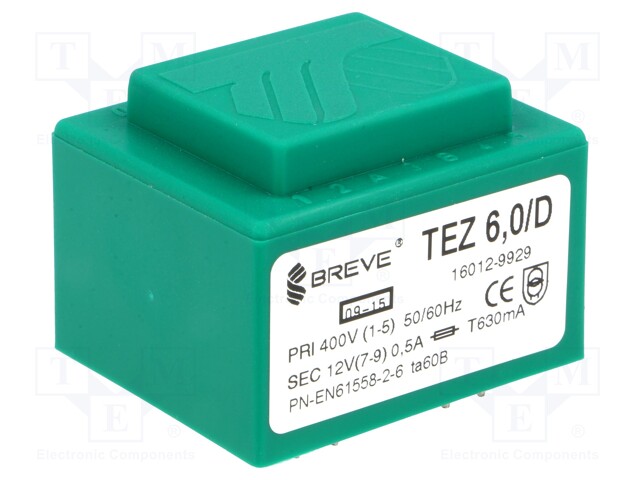 Transformer: encapsulated; 6VA; 400VAC; 12V; 500mA; Mounting: PCB