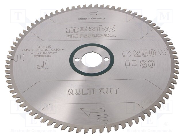 Circular saw; Ø: 250mm; Øhole: 30mm; W: 2.8mm; Teeth: 80; Mat: HW/CT