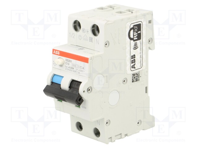 RCBO breaker; Inom: 13A; Ires: 30mA; Poles: 1+N; 230VAC; DIN; IP20