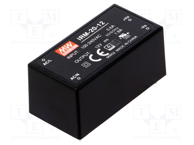 Power supply: switched-mode; modular; 21.6W; 12VDC; 1.8A; 59g; 84%