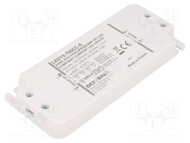 Power supply: switched-mode; LED; 15W; 7÷21.5VDC; 700mA; IP20; 55g