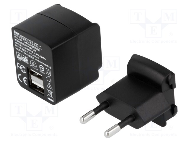 Power supply: switched-mode; 5VDC; 2.4A; Out: USB x2; 12W; Plug: EU