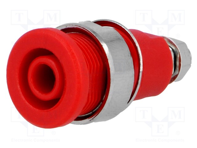 Socket; 4mm banana; 32A; red; nickel plated; screw,on panel