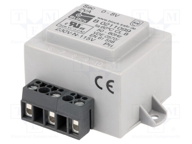 Transformer: mains; 2VA; 115/230VAC; 8V; Mounting: DIN