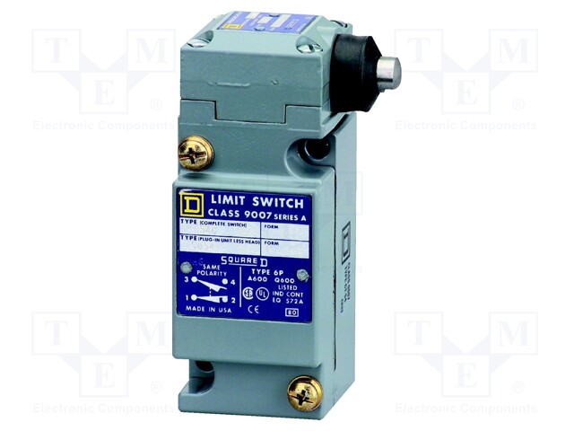Limit Switch, Plunger, SPDT-1NO, SPDT-NC, 10 A, 600 V, 4 lbf