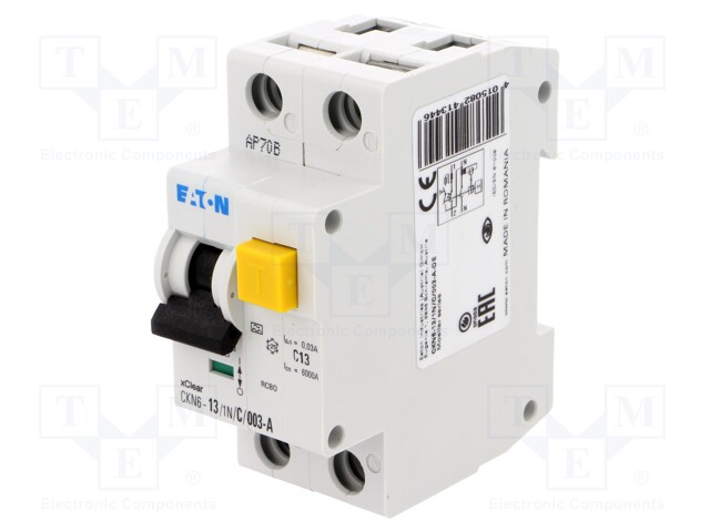 RCBO breaker; Inom: 13A; Ires: 30mA; Max surge current: 250A; 230V