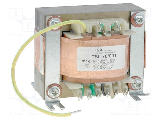 Transformer: mains; 230VAC; 250V; 20V; 6.3V; 0.18A; 0.18A; 3.5A