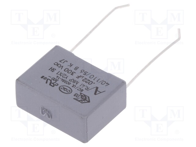 Capacitor: polypropylene; Y2; 22nF; 15mm; ±20%; 18x6x12mm; 300VAC