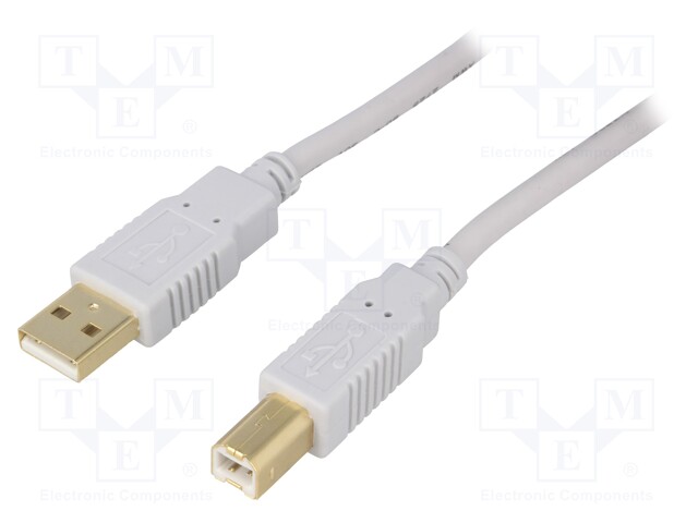 Cable; USB 2.0; USB A plug,USB B plug; gold-plated; 5m; grey