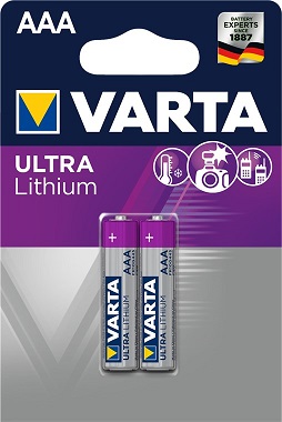 Battery: Varta Ultra Lithium; 1.5V; AAA,R3; Batt.no: 2; Ø10.5x44.5mm; 1100mAh