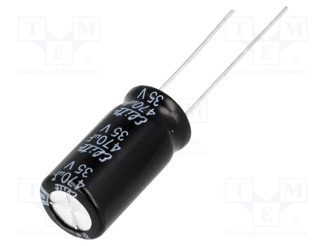 Capacitor: electrolytic; THT; 470uF; 35VDC; Ø10x20mm; Pitch: 5mm