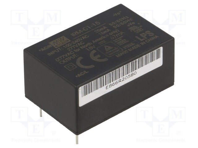 Power supply: switched-mode; modular; 1W; 15VDC; 33.7x22.2x15mm