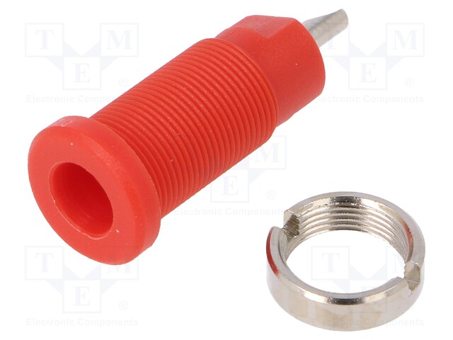 Socket; 2mm banana; 10A; 600V; 25mm; red; Mounting: screw,on panel