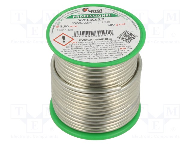 Soldering wire; Sn99,3Cu0,7; 3mm; 500g; lead free; Package: reel