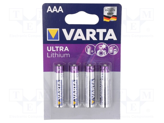 Battery: lithium; 1.5V; AAA,R3; Batt.no: 4; Ø10.5x44.5mm; 1100mAh